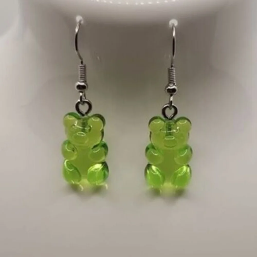 Adorable Candy Gummy Bear Novelty Food Dangle Resin Earrings Green‎
